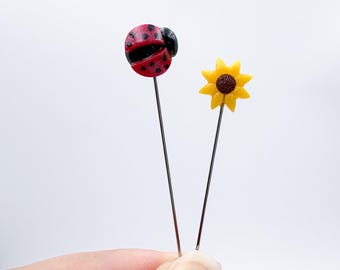 Handcrafted Polymer Clay Ladybug Sunflower Sewing Pins Two Piece Set
