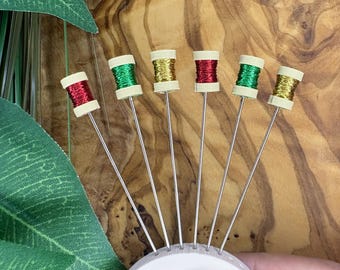 Metallic Thread Spool Sewing Pins, Winter Colors, Set of 6