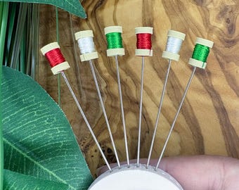 Christmas Thread Spool Pin Toppers, Pincushion Decor, Set of 6