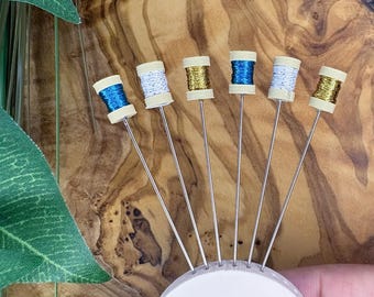 Metallic Thread Spool Pins, Winter Colors, Handmade Sewing Pins, Set of 6