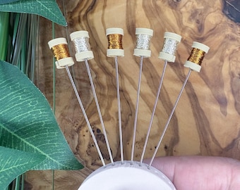 Metallic Gold Thread Spool Sewing Pins, Set of 6