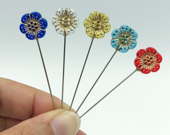 Assorted Plastic Flowers Decorative Sewing Pins, Set of 5