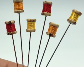 6 pc Mini Thread Spool Decorative Sewing Pins, Pincushion Pins EX Long Red Orange Yellow Counting Finishing Pins - PN093