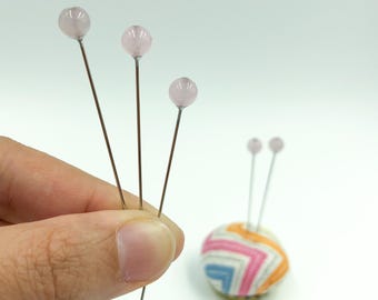 Real Rose Quartz Gemstone Decorative Sewing Pins, 6 mm stone, Set of 5
