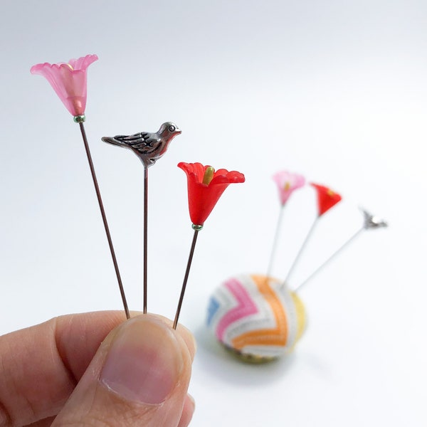 6 pc Flower Embellished Lucite Plastic & Metal Bird Decorative Sewing Pins, Counting Cross Stitch Pincushion Scarf Hat Pin - PN124