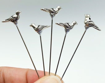 5 pc Silver Colored Metal Bird Bead Decorative Sewing Pins, Cross Stitch Counting or Pincushion Pins - PN075-B