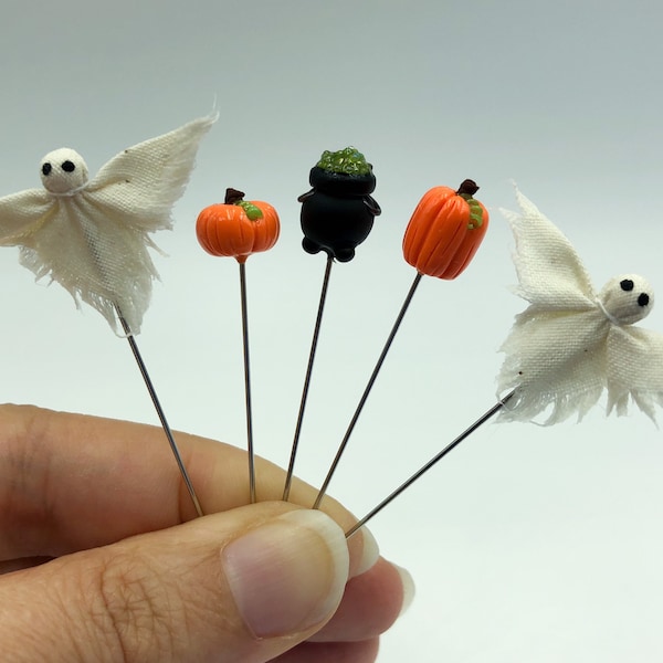 5 pc Cauldron, Mini Pumpkin, and Ghost Decorative Sewing Pin Set, Cross Stitch and Pincushion Pins - PN100