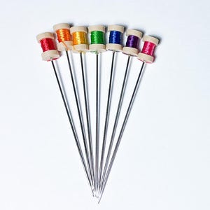 7 pc Rainbow Colors Mini Thread Spool Decorative Sewing Pins, Long Cross Stitch Pins - PN202