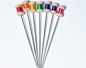 Rainbow Thread Spool Sewing Pins, Long Cross Stitch Pins, Set of 7