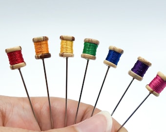 7 pc Rainbow Colors Mini Thread Spool Decorative Sewing Pins, Handcrafted from Polymer Clay, EX Long Cross Stitch Pins - PN088