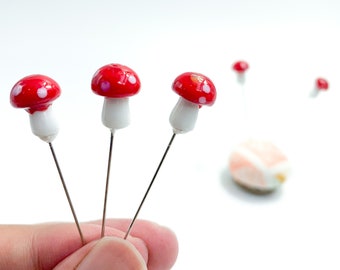 5 pc Glass Red and White Mushroom Amanita Muscaria Lampwork Bead Decorative Sewing Pins for Gifts, Cross Stitch, or Pin Cushion - PN164