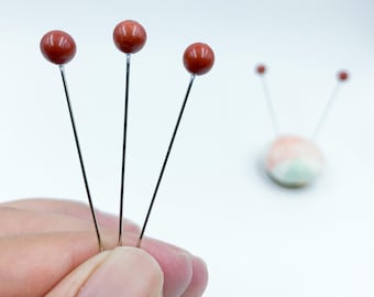 Real Red Jasper Gemstone Decorative Sewing Pins, 6 mm stone, Set of 5