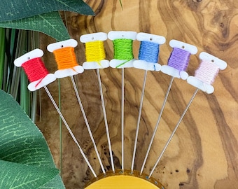 7 pc Rainbow DMC Floss Bobbin Sewing Pins, Long Cross Stitch Pins
