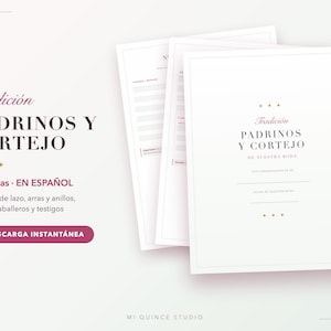 May include: A six-page wedding planner document titled Tradición PADRINOS Y CORTEJO DE NUESTRA BODA. The white pages feature black and maroon text with gold accents, including sections for godparents, bridesmaids, groomsmen, and witnesses.