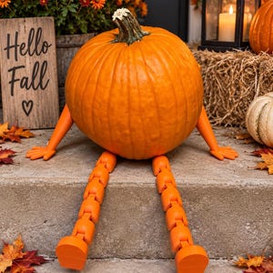 May include: A bright orange pumpkin featuring articulated, segmented orange limbs attached to its sides and base. The pumpkin has a textured, ribbed surface and a green stem at the top. The limbs consist of multiple connected pieces, ending in flat, rounded feet and hand-like appendages extending outward.