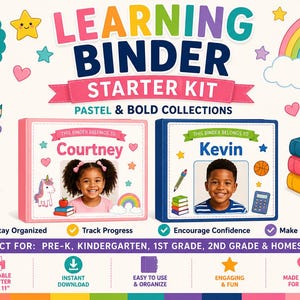 May include: A learning binder starter kit featuring 26 printable pages, a purple pencil cup with colored pencils, and a stack of three books topped with a red apple. Two personalized binders are shown, one pink and one blue, with child photos.