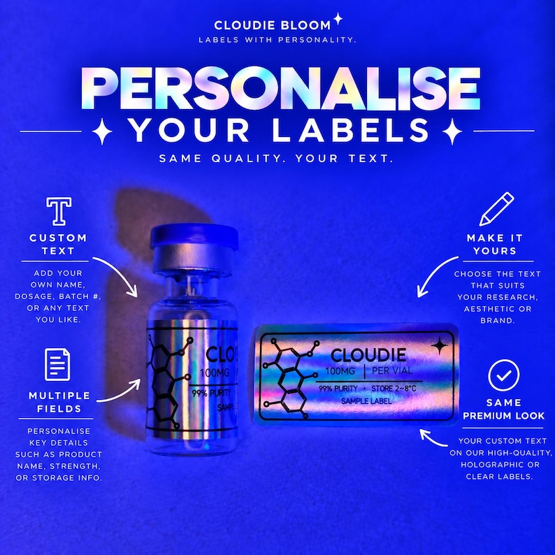 Custom Lab Notes Vial Labels | 40x20mm Peptide Stickers (clear or ...