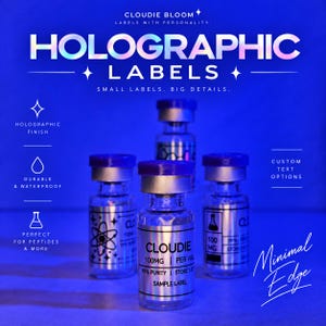 May include: Four clear glass vials with purple caps and holographic labels. The central label reads CLOUDIE 100MG | PER VIAL 99% PURITY | STORE 2-8C SAMPLE LABEL. Other labels feature an atom icon and text including 100 MG 99% PURITY.