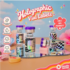 May include: Three clear glass vials with purple caps and holographic labels featuring black wavy and checkered patterns. The text reads Holographic Vial Labels, Labels with Personality, and Cloudie Bloom. Four circular icons highlight features.