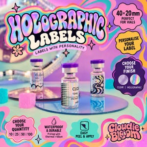 May include: Three small glass vials with purple caps and custom labels, measuring 40 by 20 mm. The labels feature black text and graphic designs. The image includes text such as HOLOGRAPHIC LABELS, CLOUD 10MG, 99% PURITY, and waterproof and durable.