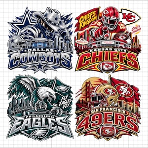 Puede incluir: Una colección de cuatro diseños gráficos de equipos de la NFL que representan a los Dallas Cowboys, Kansas City Chiefs, Philadelphia Eagles y San Francisco 49ers. Cada ilustración incluye logotipos, jugadores, estadios y el nombre del equipo.