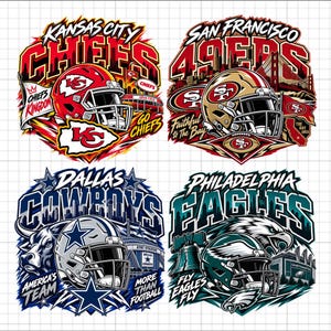 Pode incluir: Quatro designs gráficos circulares com logotipos e imagens de equipas da NFL. Canto superior esquerdo: Kansas City Chiefs com capacete vermelho. Canto superior direito: San Francisco 49ers com capacete dourado e ponte. Canto inferior esquerdo: Dallas Cowboys com capacete prateado. Canto inferior direito: Philadelphia Eagles com capacete verde.