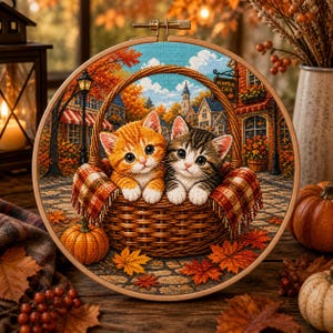 May include: A circular embroidery hoop featuring a cross-stitch design of an orange tabby kitten and a brown tabby kitten sitting inside a woven basket. The background depicts a town street with autumn foliage, a pumpkin, and a sign reading Pumpkin Cafe.