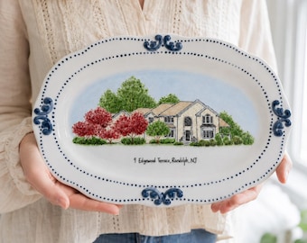 Custom House Portrait Ceramic Plate, Hand Painted Home Platter, Personalized Housewarming Gift, New Home Keepsake, Realtor Closing Gift