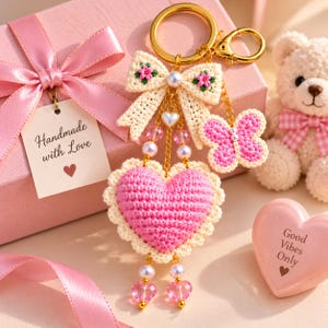 Può includere: Un portachiavi color oro con un fiocco all'uncinetto color crema con accenti floreali rosa, una farfalla all'uncinetto rosa e un grande cuore all'uncinetto rosa con bordo smerlato crema, decorato con piccole perline bianche e ciondoli a cuore.