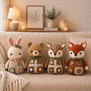 May include: Four handmade crochet stuffed animals sitting in a row. From left to right: a white rabbit with a green bow, a tan bear, a brown fawn with white spots, and an orange fox. Each animal wears a green scarf and a granny square dress.