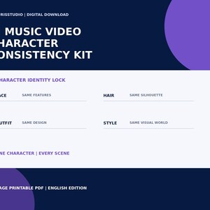 May include: A digital download titled AI Music Video Character Consistency Kit. The graphic features a dark blue background with purple accents and white text. It includes a Character Identity Lock section detailing face, hair, outfit, and style consistency, plus the text One Character | Every Scene and 14-Page Printable PDF | English Edition.