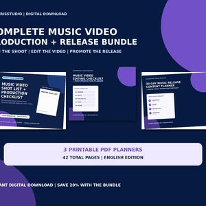 May include: A digital download bundle featuring three printable PDF planners for music video production and release. The set includes a shot list and production checklist, an editing checklist, and a 30-day content planner, totaling 42 pages.