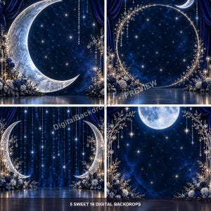 May include: A collection of four digital backdrops featuring deep blue curtains, starry night skies, glowing crescent moons, circular frames, and floral arrangements with hanging crystal accents. The text 5 SWEET 16 DIGITAL BACKDROPS is visible.