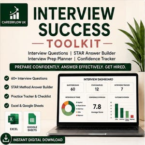 Op de afbeelding: Een digitale Interview Success Toolkit van Careerflow UK met een laptop die een interviewdashboard met grafieken en statistieken toont. De tekst bevat Interview Questions, STAR Answer Builder, Interview Prep Planner en Confidence Tracker, met iconen voor Excel en Google Sheets.