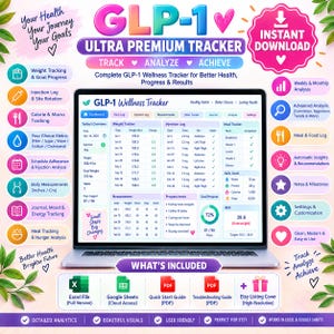 Pode incluir: Um rastreador de bem-estar digital GLP-1 exibido na tela de um laptop, com seções para peso, registros de injeções, medidas e acompanhamento de refeições. A interface inclui ícones coloridos e rótulos de texto para monitoramento de saúde.