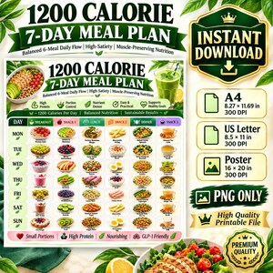 Puede incluir: Un plan de comidas de 7 días de 1200 calorías con una cuadrícula de iconos de alimentos para comidas y bocadillos. El documento incluye etiquetas de texto para tamaños A4 21,0 x 29,7 cm, US Letter 21,6 x 27,9 cm y póster 40,6 x 50,8 cm.