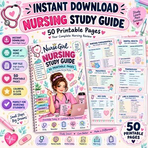 Può includere: Una guida allo studio infermieristico digitale con 50 pagine stampabili in rosa e bianco. La copertina mostra un'infermiera disegnata, uno stetoscopio e icone mediche. Il testo include "Nurse Girl Nursing Study Guide".