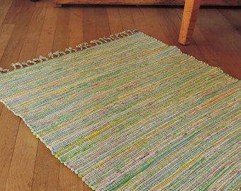 Hand Woven Rag Rug Pink Green Cotton 27" x 32"