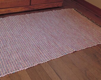 Hand Woven Rag Rug Pink White Cotton Denim 27" x 50"