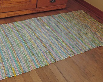 Hand Woven Rag Rug Scrappy Pastel Cotton 26" x 62"