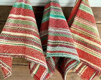 Paños de cocina tejidos a mano - Rayas navideñas rojas, verdes y amarillas, 35 x 61 cm