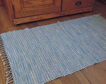 Hand Woven Rag Rug Light Blue Cotton 26" x 46"