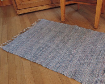 Hand Woven Rag Rug Blue Cotton 26" x 40"