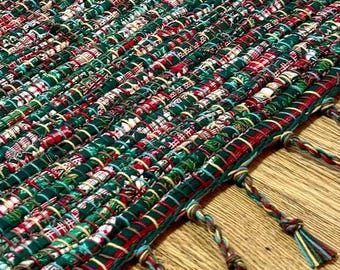 Camino de mesa de algodón verde, rojo y blanco, tejido a mano, 35,5 x 107,6 cm