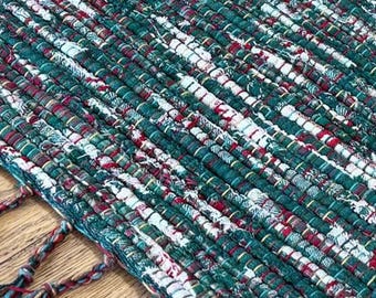 Camino de mesa tejido a mano en algodón blanco y verde invierno, 13" x 38"