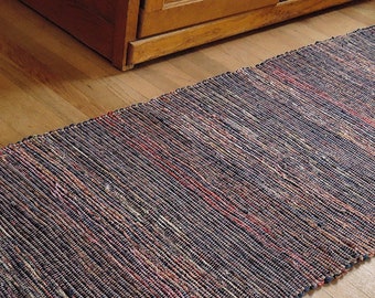 Hand Woven Rag Rug Navy Blue Red Cotton Floor Runner 26" x 92"