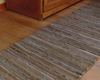 Hand Woven Rag Rug Tan Blue Brown Wool Runner 27" x 90"