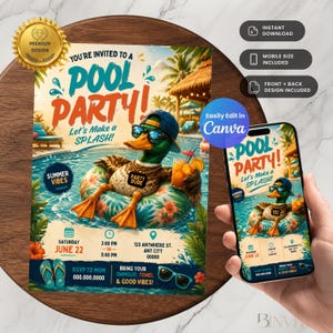 Op de afbeelding: Een digitale uitnodigingsflyer voor een zwembadfeest met een eend die een zonnebril en een blauwe honkbalpet draagt, drijvend in een bloemrijke zwemband in een zwembad. De tekst luidt: You're invited to a pool party, let's make a splash.