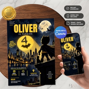 May include: A digital birthday invitation template featuring a dark city skyline at night with a full moon, a caped superhero figure, and the text Oliver is turning 4. The design includes event details, a bat silhouette, and a yellow colour scheme.