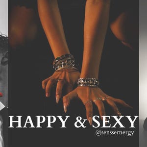 Könnte beinhalten: Ein Triptychon mit einem glänzenden roten High-Heel mit goldenem Logo-Absatz, einem Paar Hände mit mehreren silberfarbenen Armbändern und Ringen sowie der dunklen Silhouette einer Figur. Der Text HAPPY & SEXY @senssernergy ist zentriert.